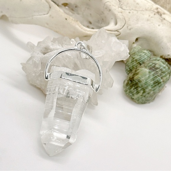 HUGE Lemurian Seed Crystal & Green Tourmaline Sterling Silver Pendant Necklace - Picture 3 of 4